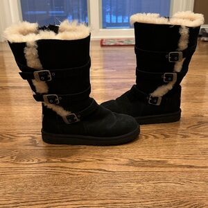 UGG Black and Cream Shearling Buckle Boots